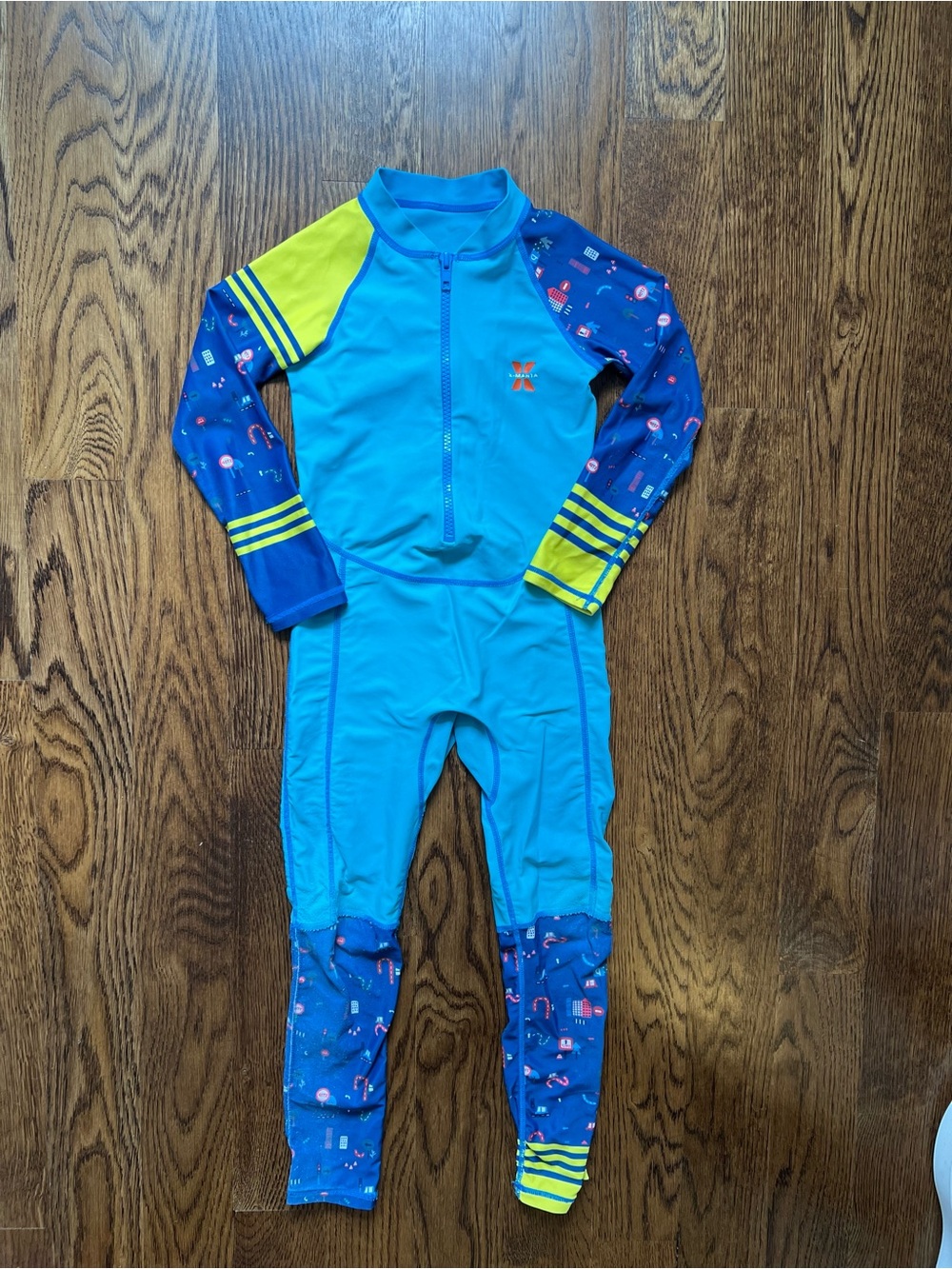 Boys Full Body One-Piece Swim Suit in Blue with Yellow Accents